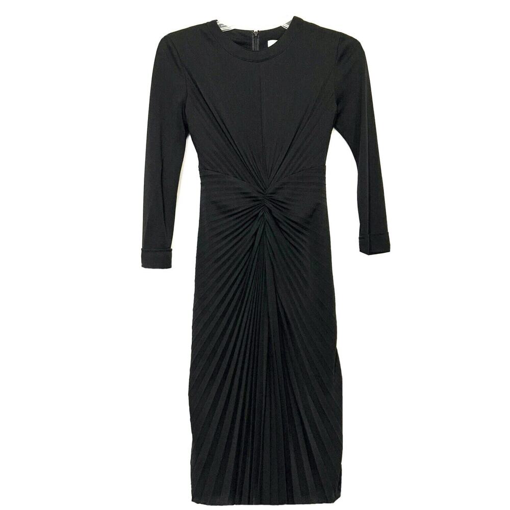 Chetta B Women’s Dress Size 2 Black Ruched Pleated Long Sleeve Midi Stretchy
